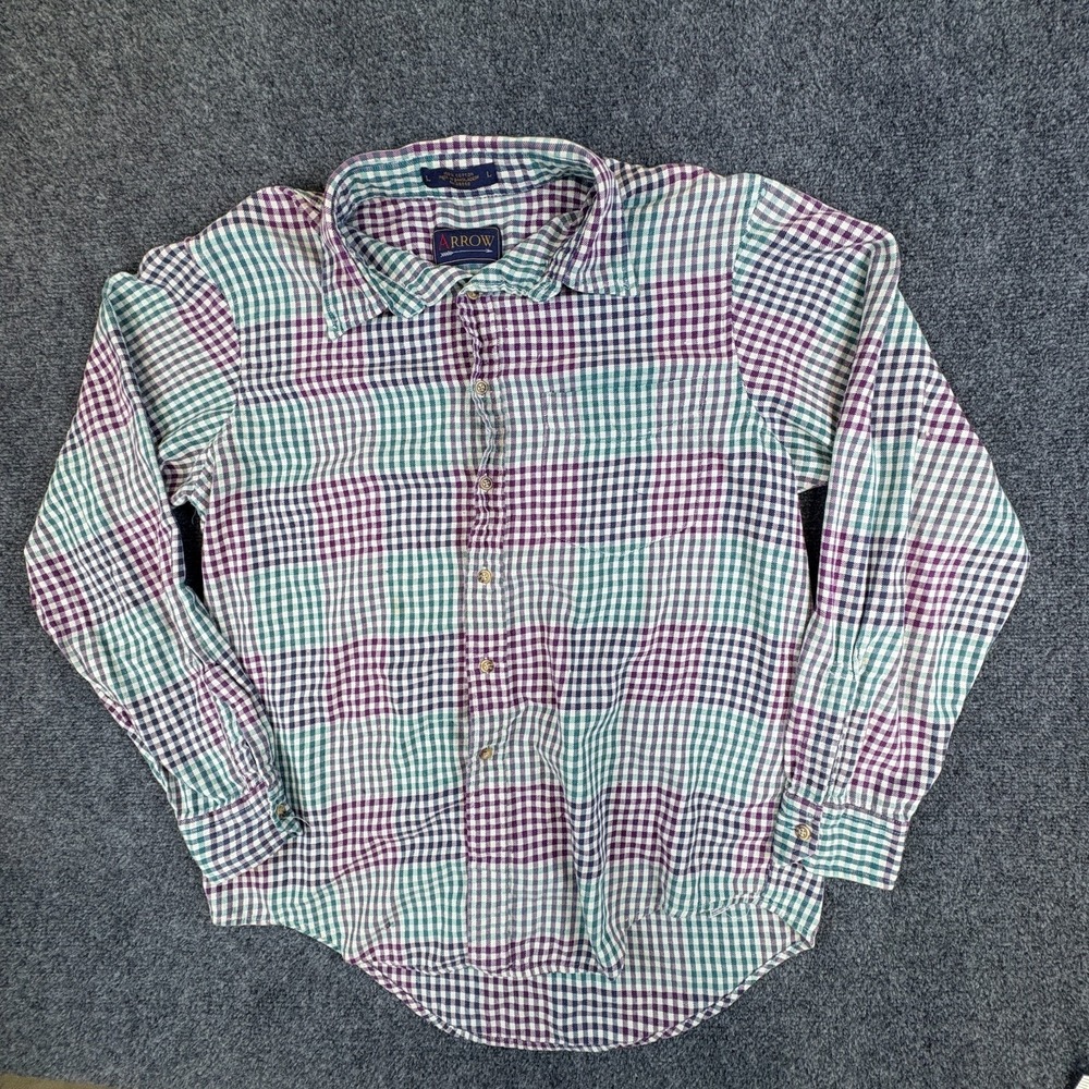 Arrow Shirt Men Large Multicolor Cotton Checkered Shirttail Hem Office Button Up